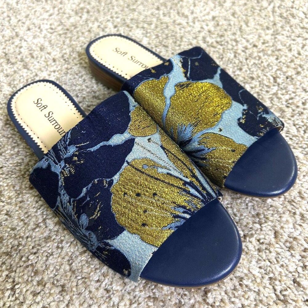 Soft Surroundings Slides Priya Size 8 Brocade Fabric Blue‎ Gold summer preppy